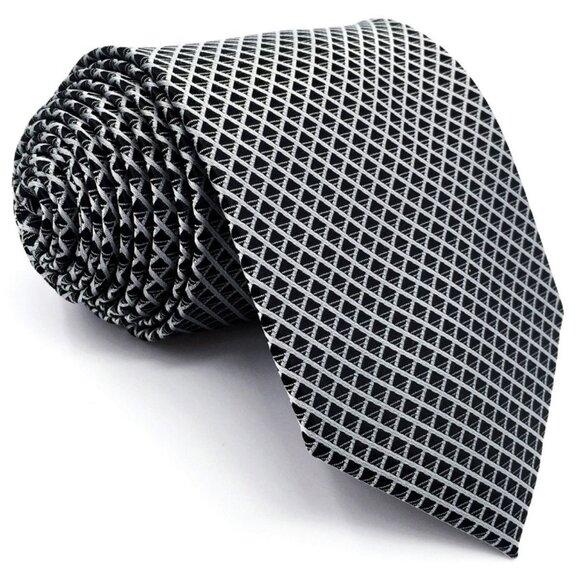 New Black Silver Grey Gray Diamonds Stripe Check Plaid Design 100% SILK TIE - Picture 3 of 4